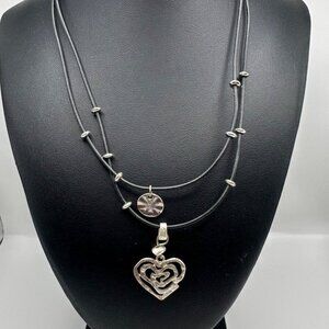 Chico's Necklace Jewelry Statement 21" Adjustable Silver Tone Cord Heart Pendant